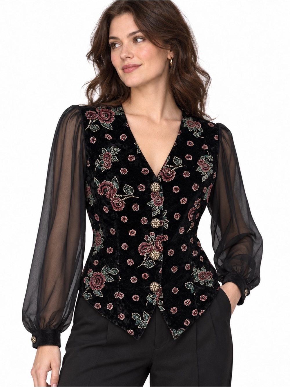 Vintage 90s Velvet Blouse Carolle Reed 
 Floral Sheer Sleeve Gothic Romantic S/M